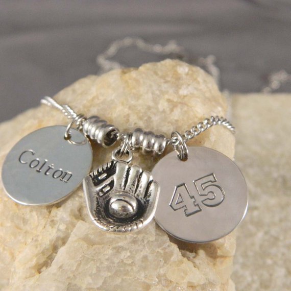 Personalized Name and Numer Baseball Glove Necklace